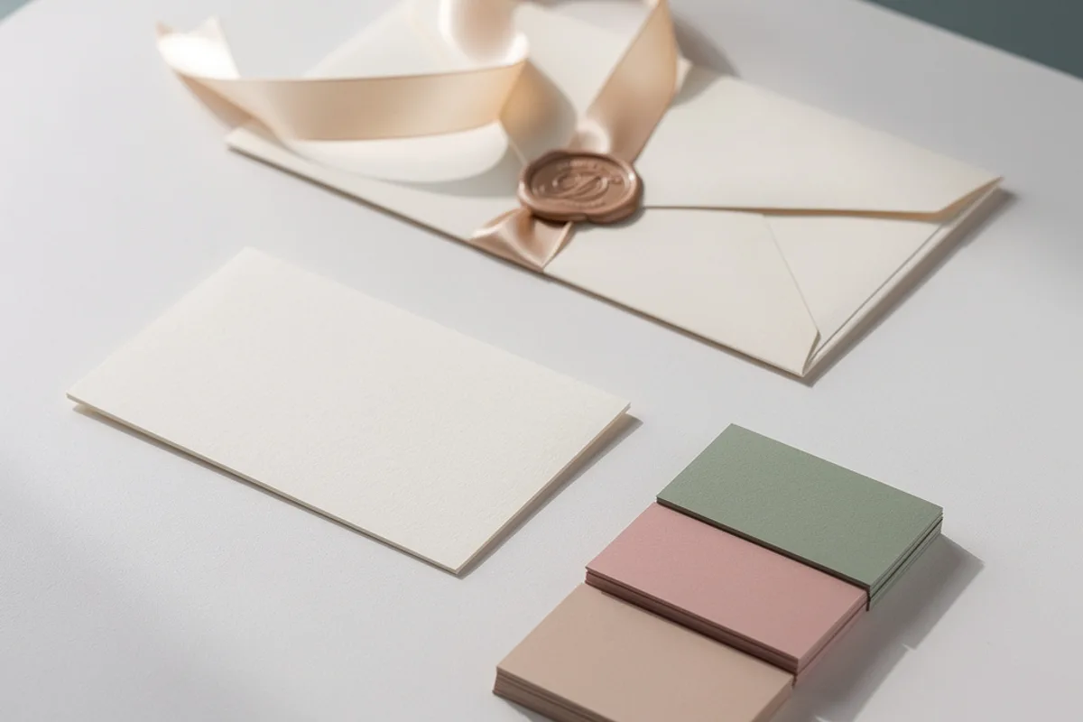 Stimmungsbild: Farbfächer und Papierproben auf hellem Untergrund — symbolisch für Event-Branding bei Feiern.