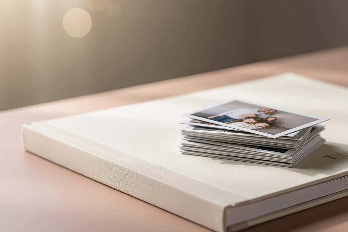 Sanfte Foto- und Galerie-Assoziationen in warmen Creme- und Goldtönen, ohne erkennbare Personen – symbolisch für gemeinsame Feier-Fotos.
