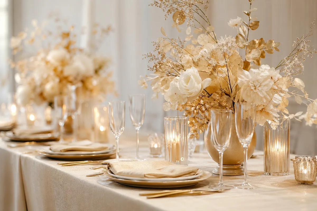 Goldene Jubiläumstöne in Creme und warmem Gold, feierlich und ruhig, ohne Personen – symbolisch für eine Goldene Hochzeit.