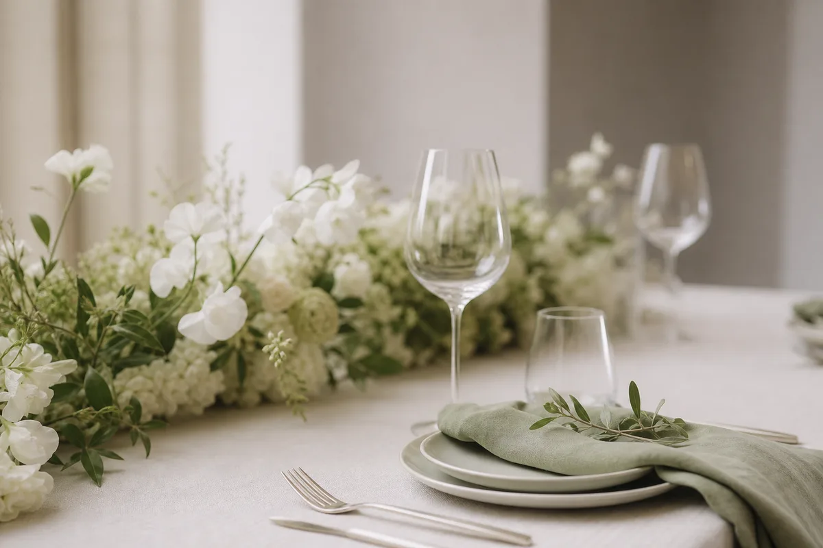 Stimmungsbild: elegant gedeckter Festtisch in sanften Creme- und Salbeigrüntönen mit viel Weißraum, ohne Personen – symbolisch für Hochzeitsplanung.