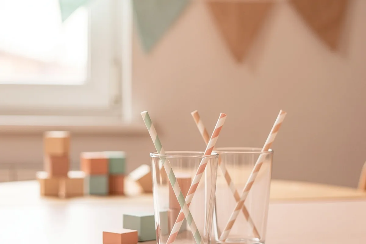 Stimmungsbild: Holzspielzeug und Stoffdekoration in Pastellfarben — symbolisch für einen nachhaltigen Kindergeburtstag.