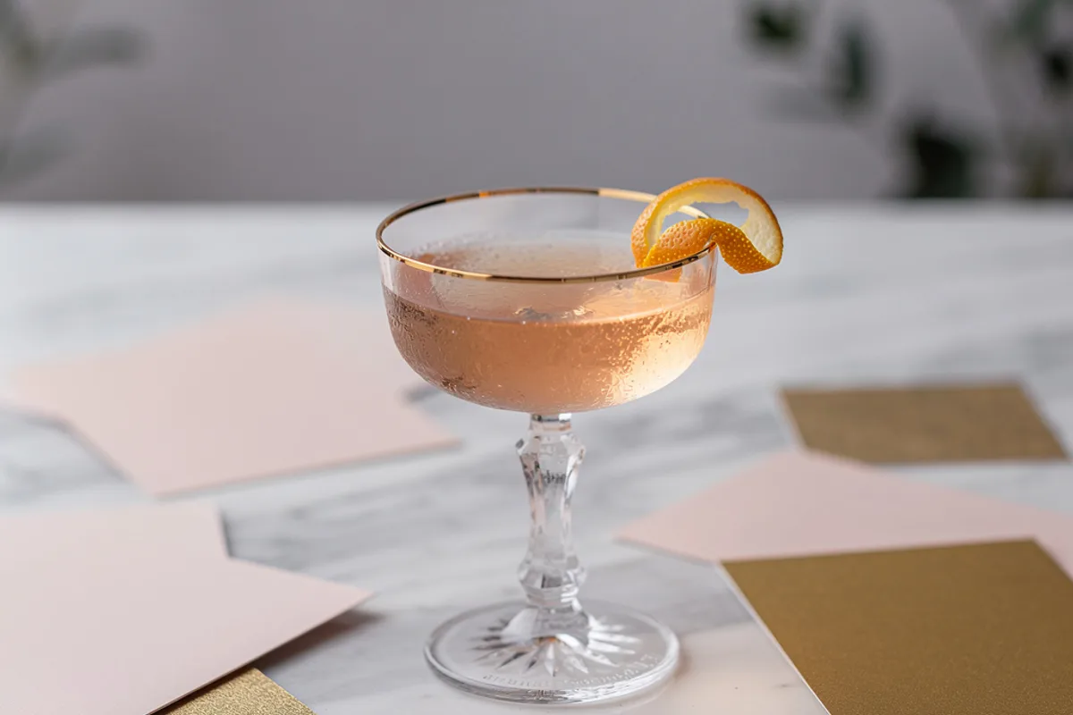 Stimmungsbild: elegantes Cocktailglas mit Zitrusdekor auf Marmor — symbolisch für Hochzeits-Signature-Drinks.