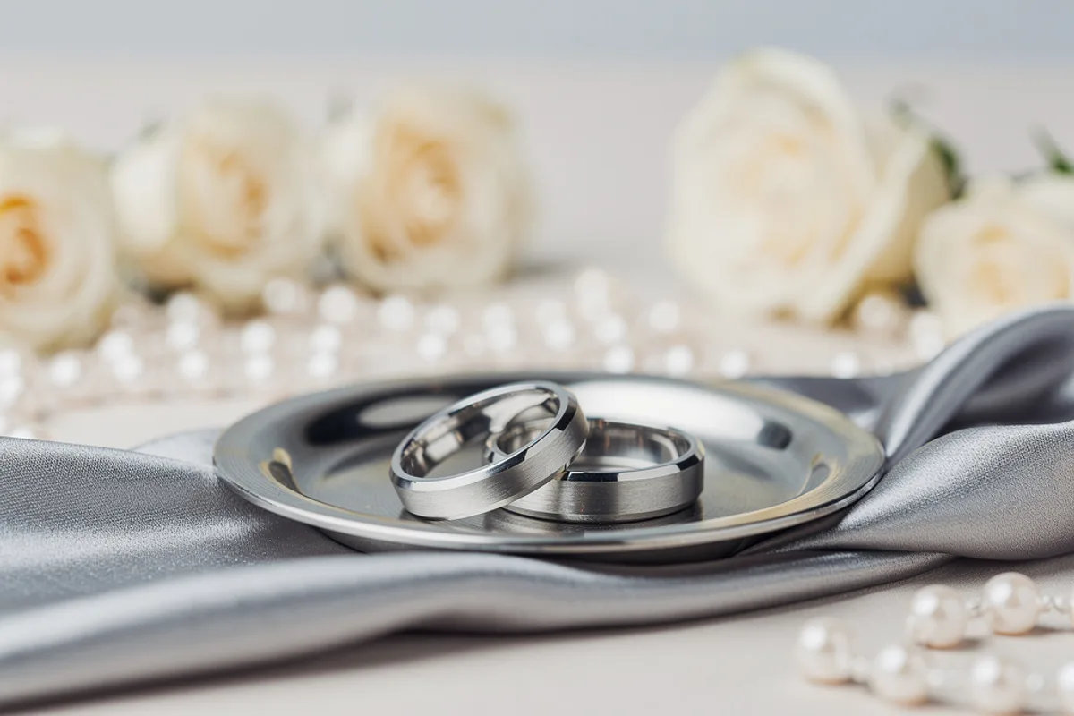 Silber- und Creme-Töne mit dezenten Jubiläums-Assoziationen, ohne erkennbare Personen – symbolisch für eine Silberne Hochzeit.