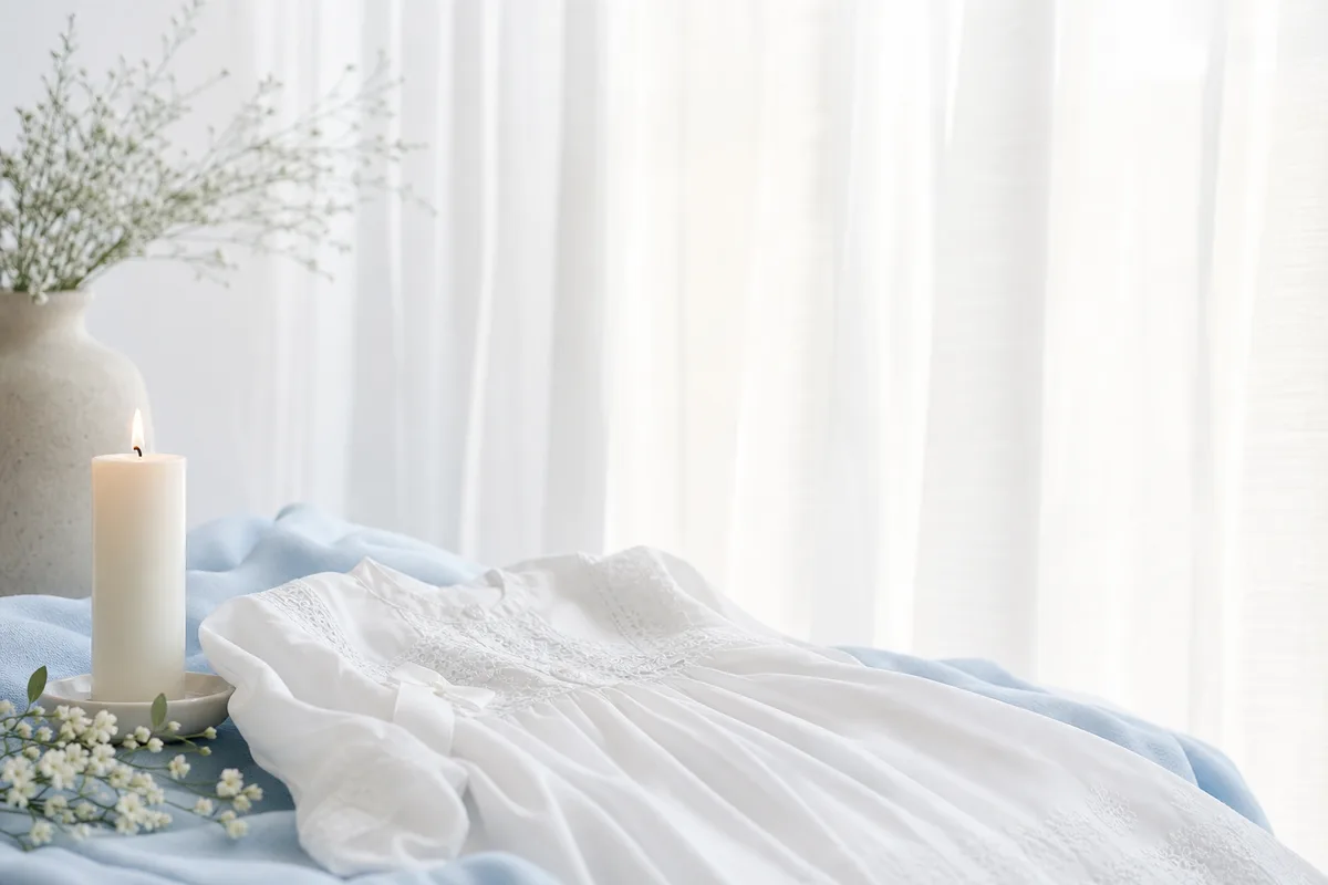 Helle, ruhige Töne in Weiß und zartem Blau mit weichem Licht, ohne Personen – symbolisch für Taufe und Familienfeier.