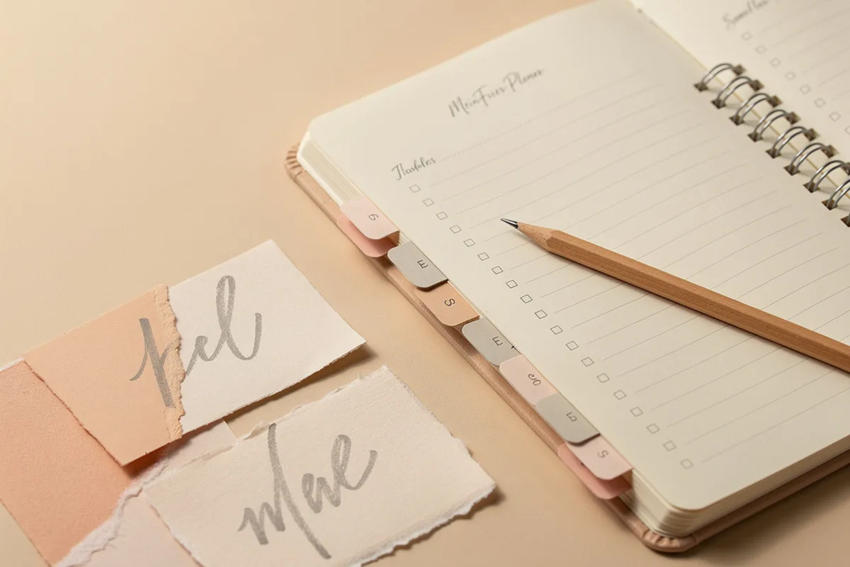 Aufgeräumte Papier- und Planungs-Assoziationen in neutralen Creme- und Grautönen, ohne erkennbare Personen – symbolisch für Feier-Vorlagen.